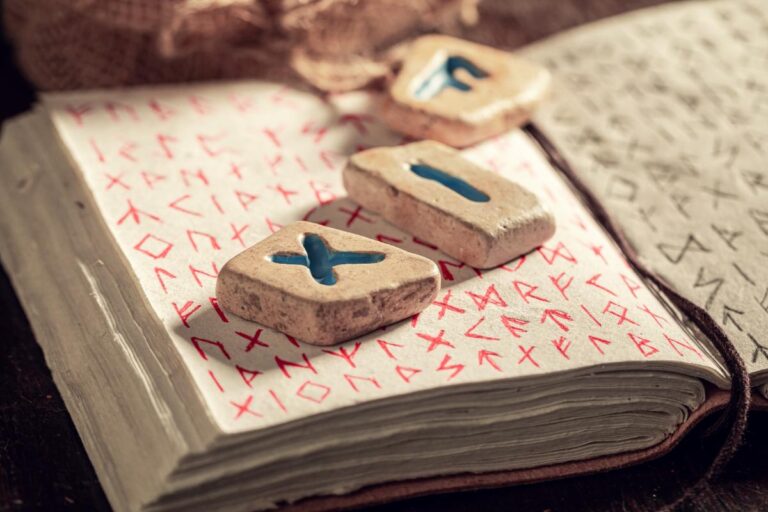 Des runes mytiques avec un livre ancien contenant des symboles